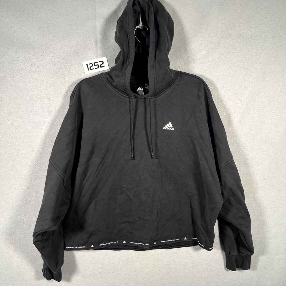 Adidas Cropped Hoodie Womens Small Black‎ 3 Stripes Logo Drawstring Long Sleeve